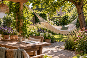 Comfortabele hangmat tussen groene planten en bloeiende borders in een natuurlijke tuin