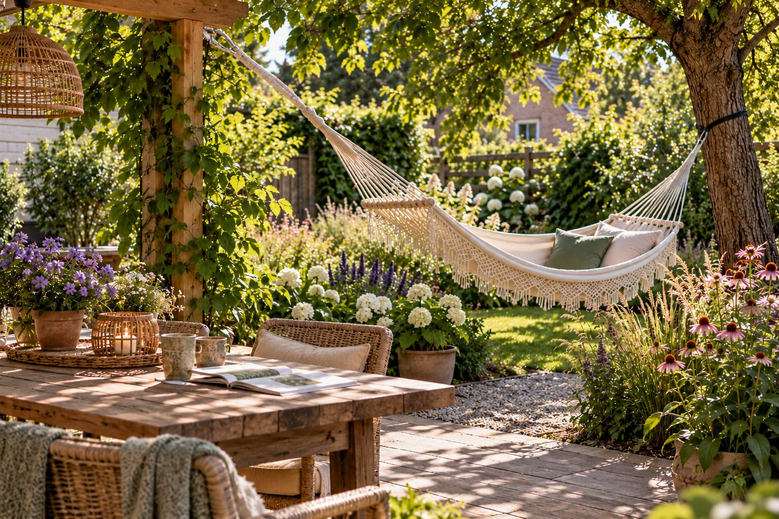Comfortabele hangmat tussen groene planten en bloeiende borders in een natuurlijke tuin