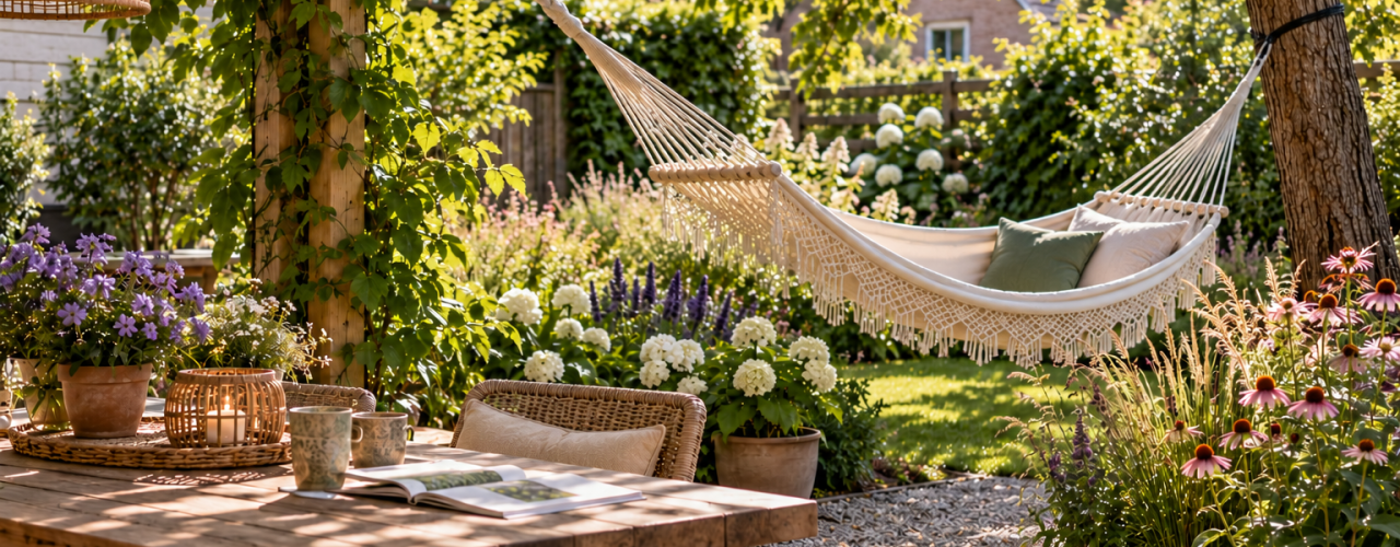 Comfortabele hangmat tussen groene planten en bloeiende borders in een natuurlijke tuin
